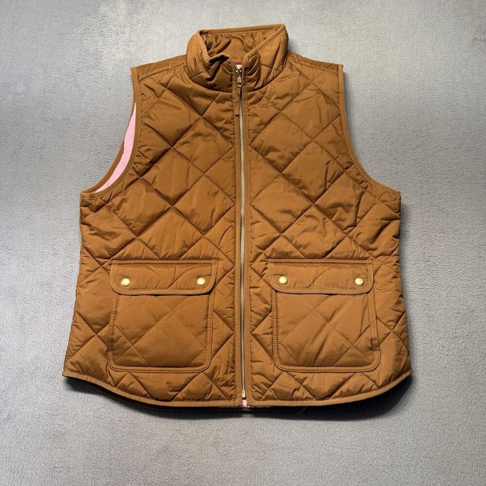 J.Crew Womens Large Brown Quilted Puffer Vest Pink Lining Full Zip 2 Way Pockets